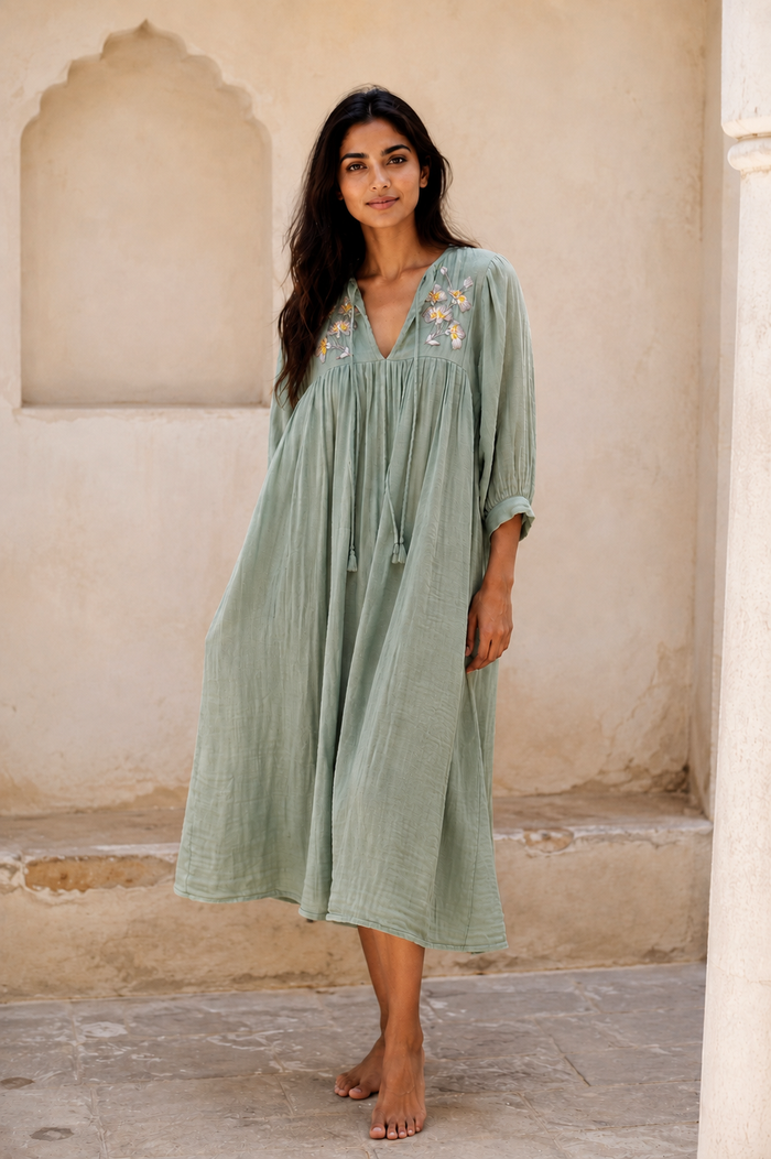 green embrodiered gauze dress with flowers