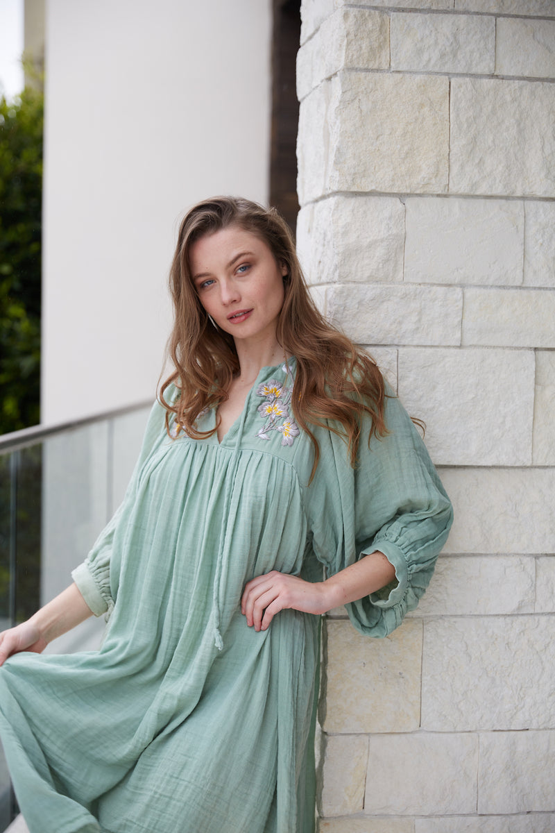 indian cotton gauze dress Kashiti Dress: Retro Green L cotton gauze midi dress was embroidered completely by hand Yoga Trendz Bohemian Indian Gauze