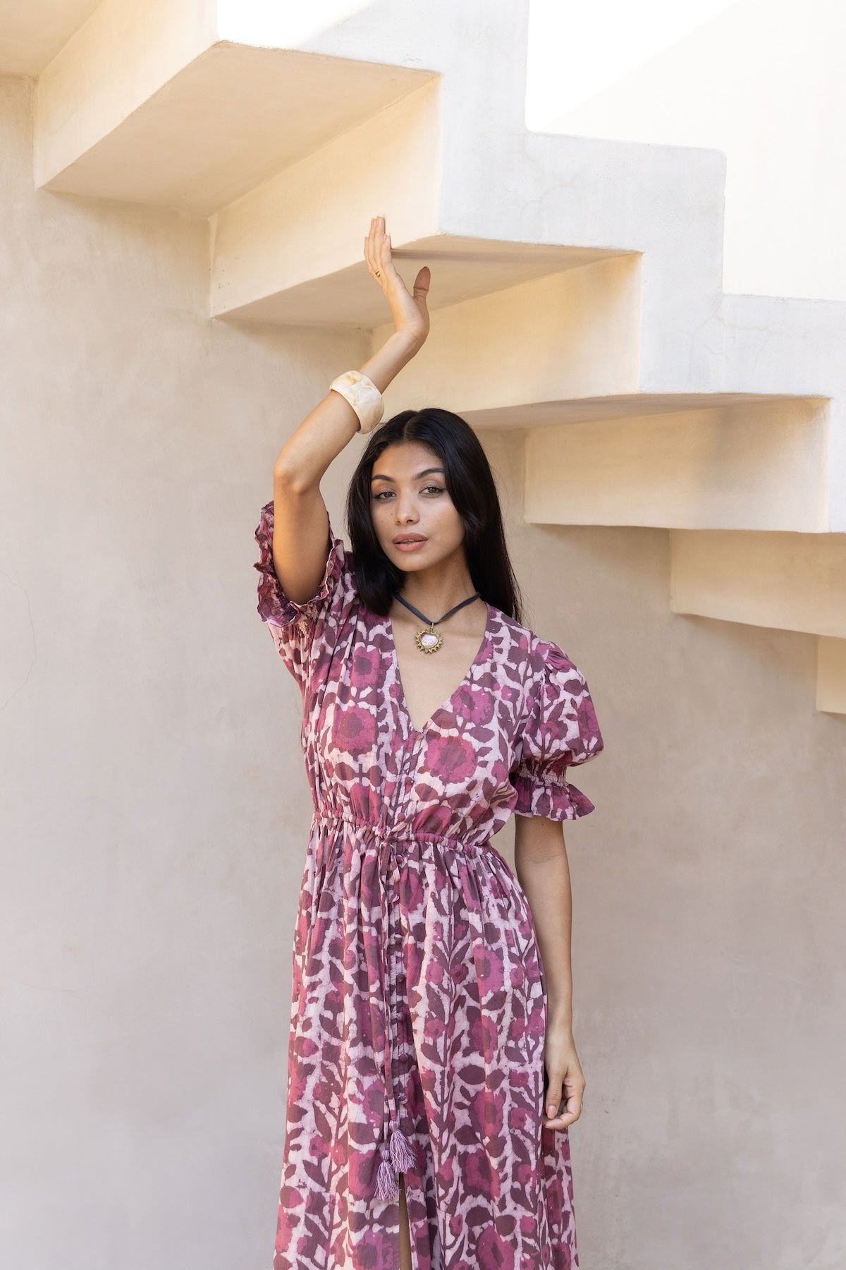 Emelie Maxi Dress in Wine – Hand Block Printed and Naturally Dyed