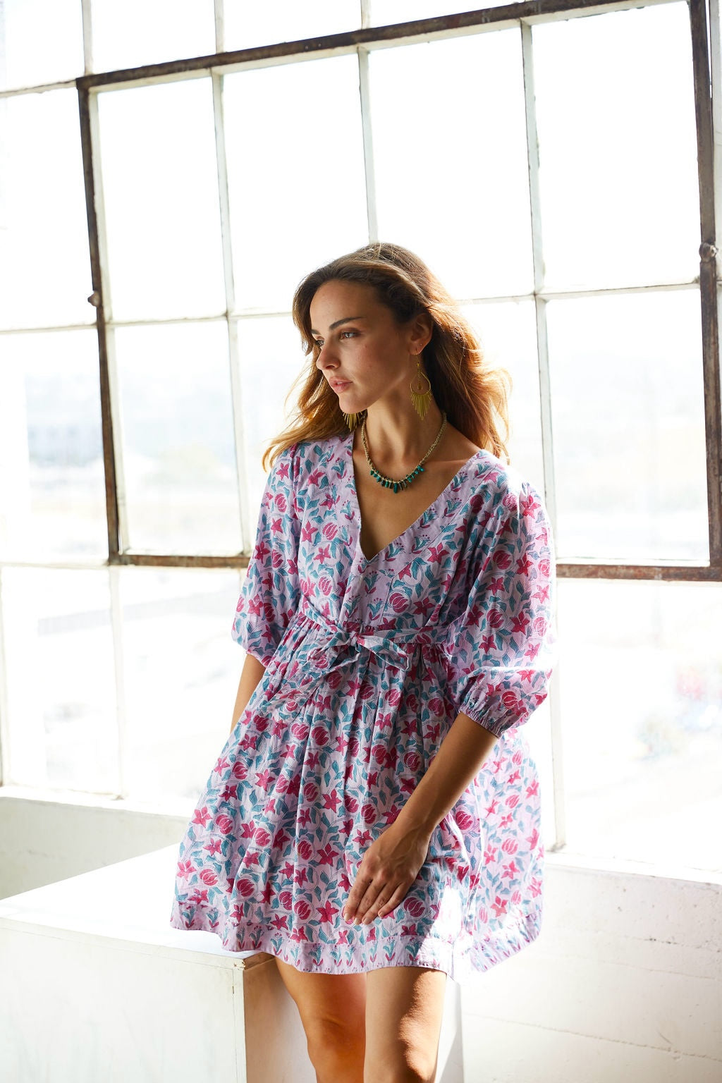 purple indian mini dress  in block print cotton 
