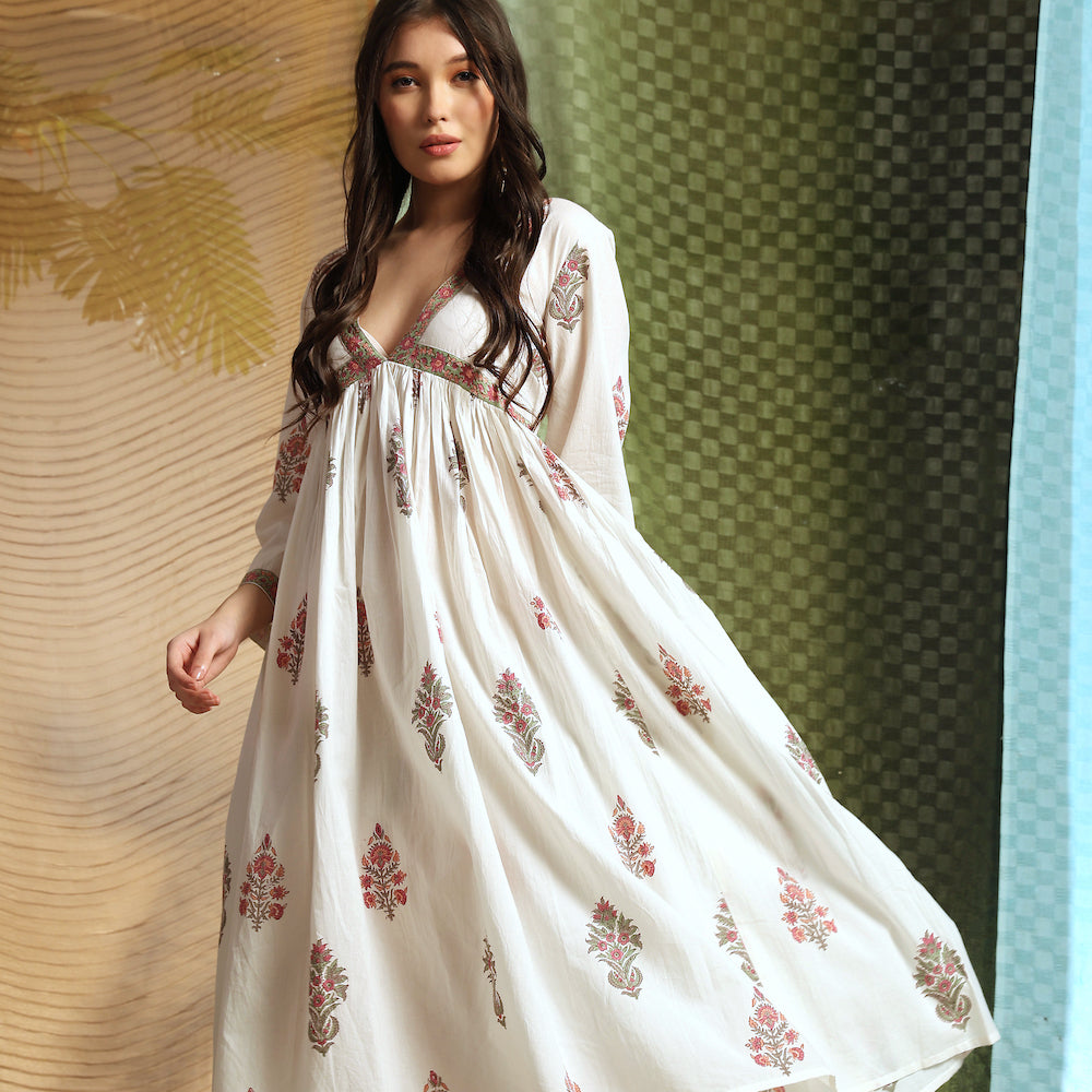 indian hand printed long white dress with border print