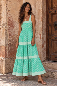 indian cotton hand printed green dress with stripes and hearts