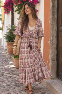 pink block printed and naturally dyed top and matching skirt