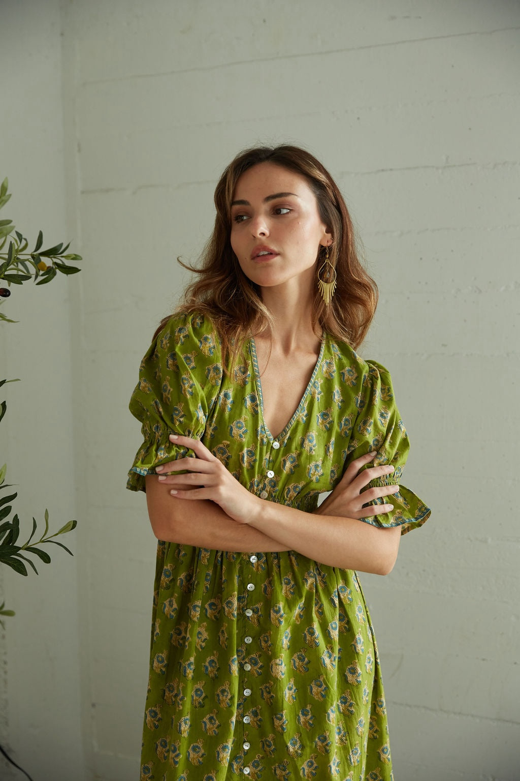 Tatiana Maxi Dress in Olive - Hand Block Printed The Fox and The Mermaid Tatiana Maxi Dress in Olive - Hand Block Printed The Fox and The Mermaid