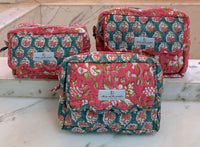 Set of 3 hand block printed cosmetic bags in quilted cotton with scalloped zipper pocket and waterproof lining