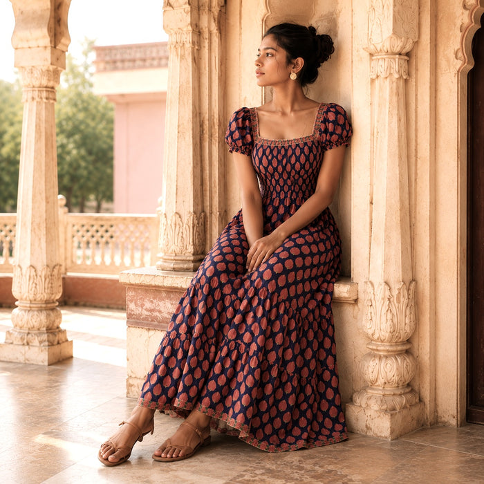 smocked maxi in purple with pink flowers
