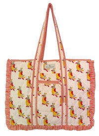 block printed reversible bag with parrots
