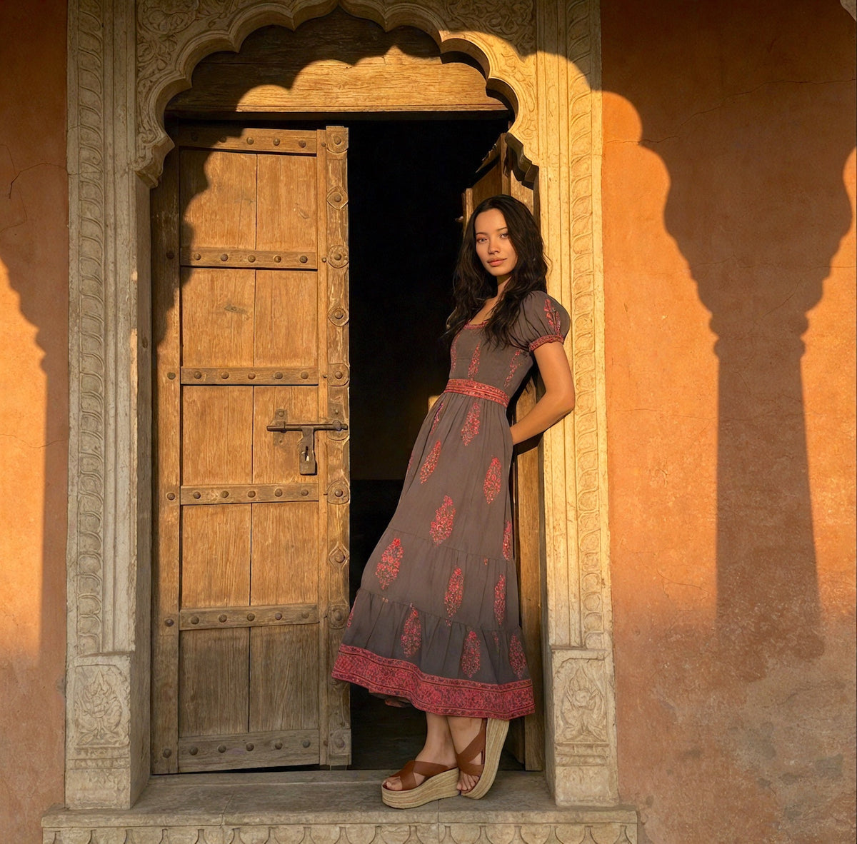 black and pink maxi dress with belt and smocked chest
