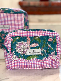 Set of three block print toiletry bags in small, medium and large sizes for travel organization