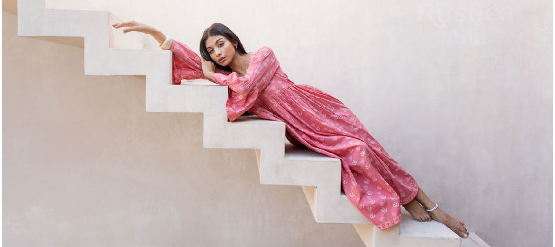 pink bell sleeve indian cotton maxi dress
