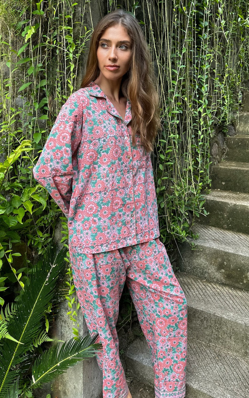 pink floral block printed pj long - The Fox and the Mermaid