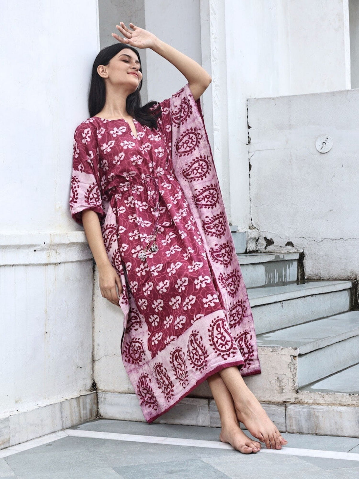 Block-Printed Cotton Kaftan in Mulberry The Fox and The Mermaid Block-Printed Cotton Kaftan in Mulberry The Fox and The Mermaid