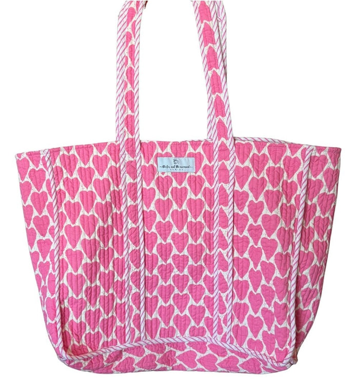 pink cotton indian tote with hearts
