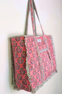 ruffled reversible pink block printed bag 