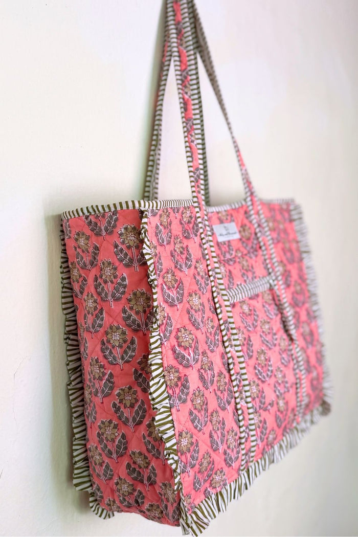ruffled reversible pink block printed bag 