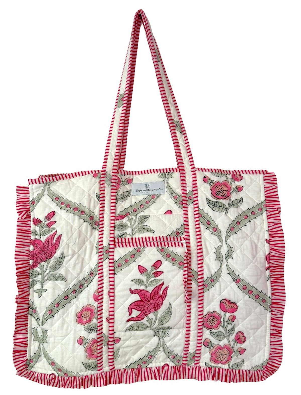 pink block printed india bag with stripes and zipper