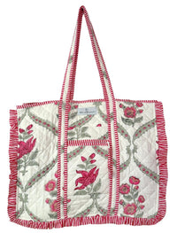 pink block printed india bag with stripes and zipper