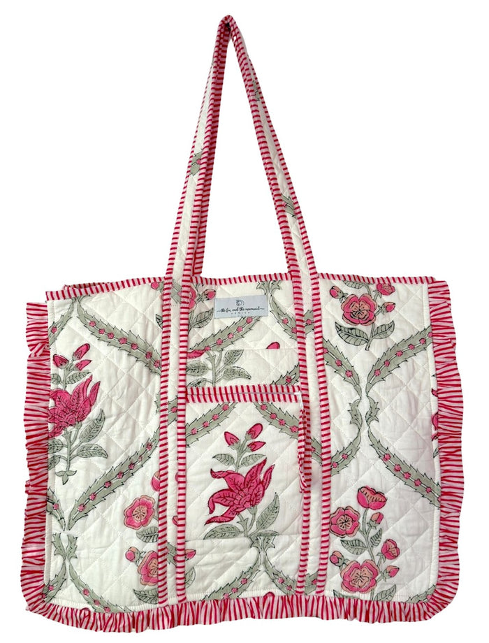 pink block printed india bag with stripes and zipper