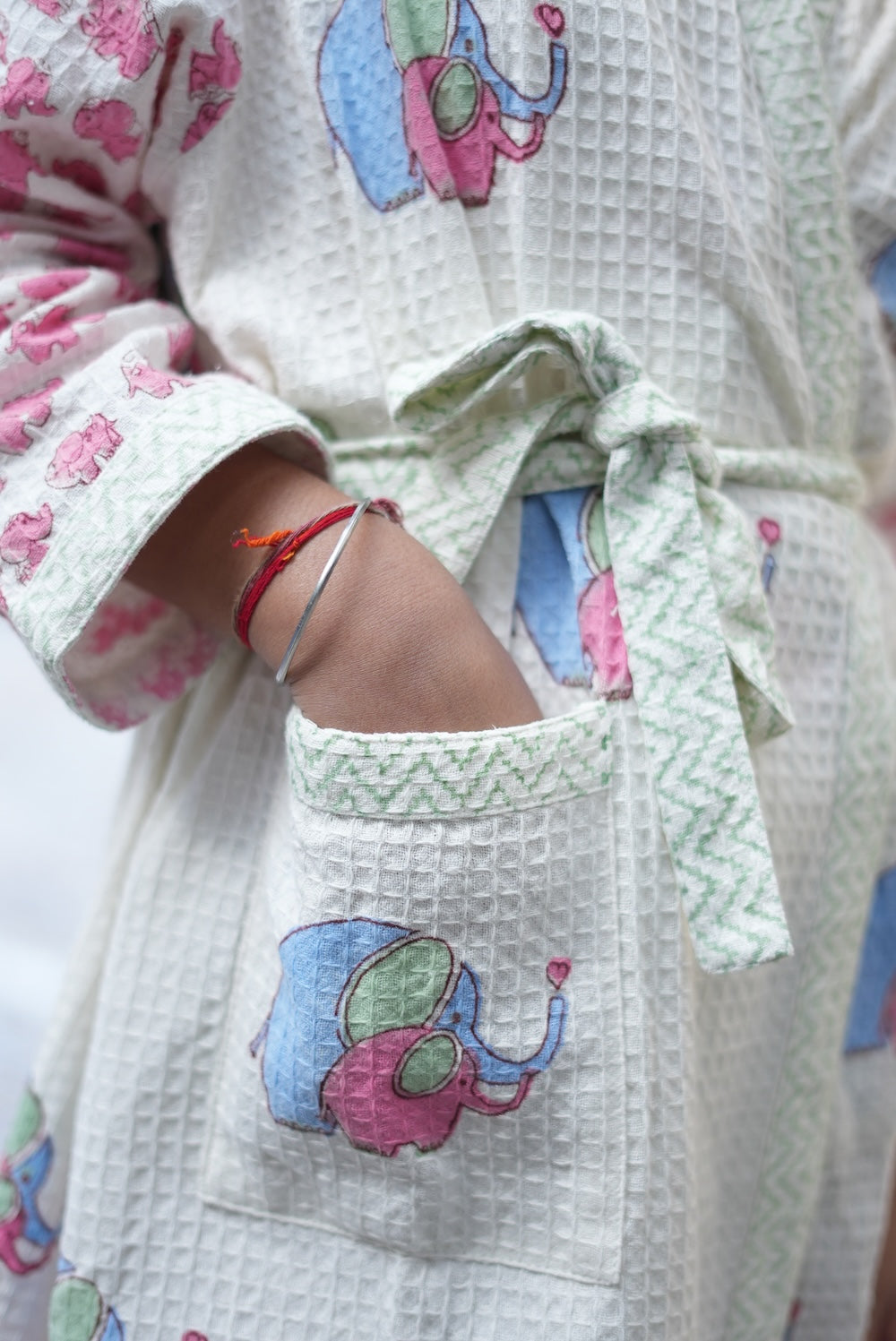 block printed robe pocket detail 