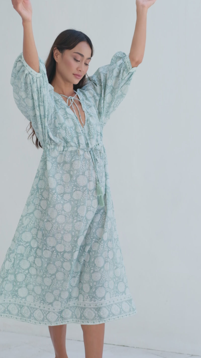 block printed kaftan dress- The Fox and the Mermaid