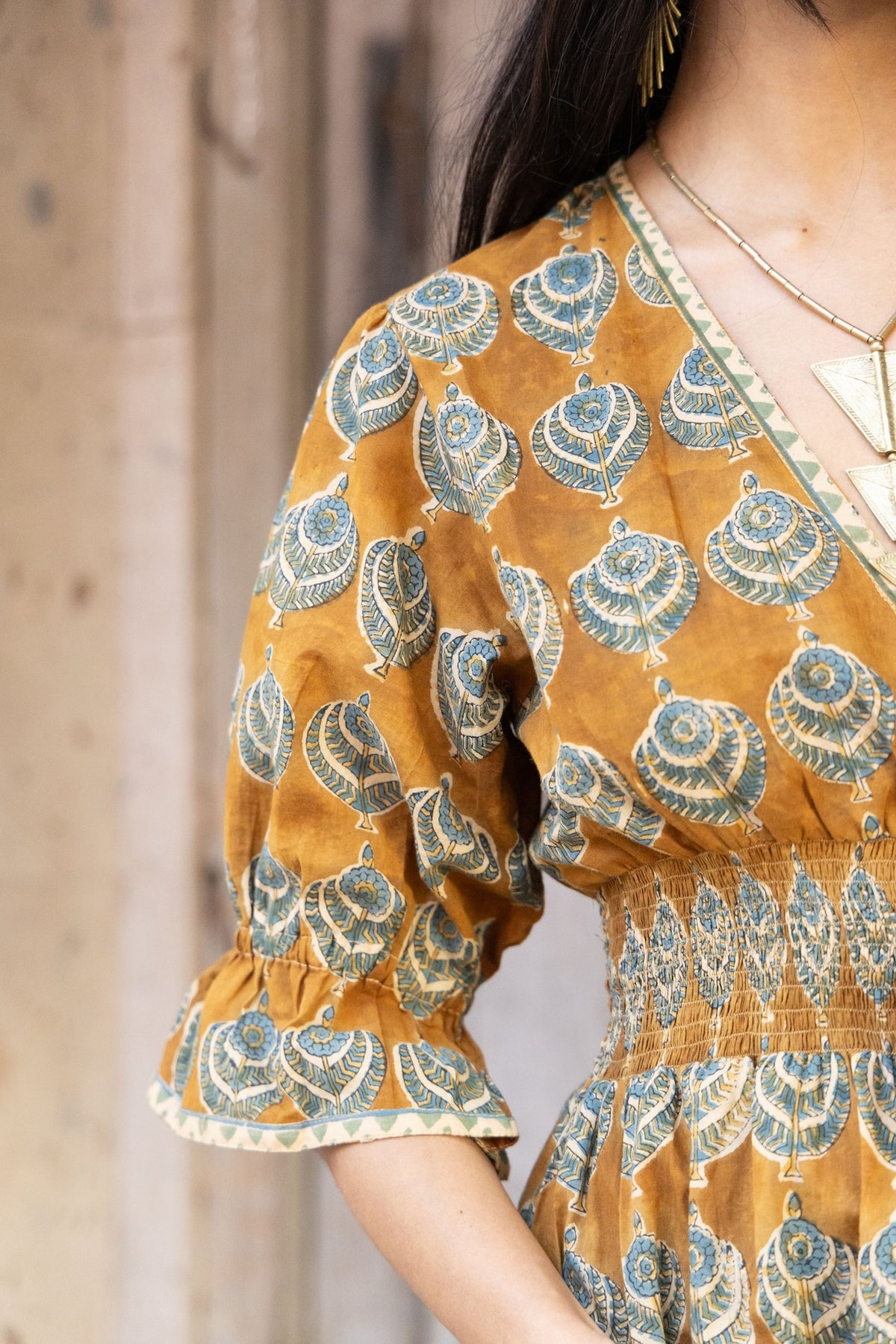gold block print dress Mustard Floral Block Print Cotton Elasticated Short Tier Dress 66" / Tall (5'7" and above)