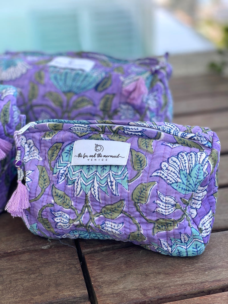 block printed purple bags for storing makeup and pens - The Fox and the Mermaid