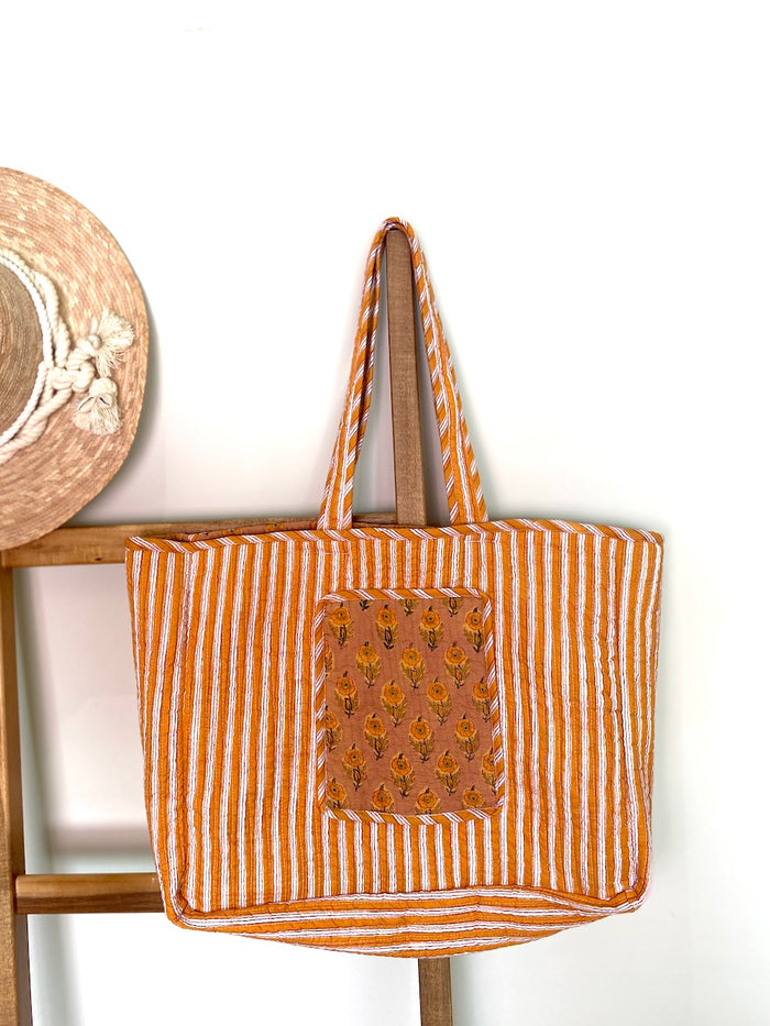 striped yellow reversible quilted tote bag - The Fox and the Mermaid