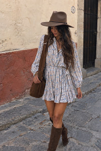 block printed shirt dress with tie waist, elastic sleeves and darted hem
