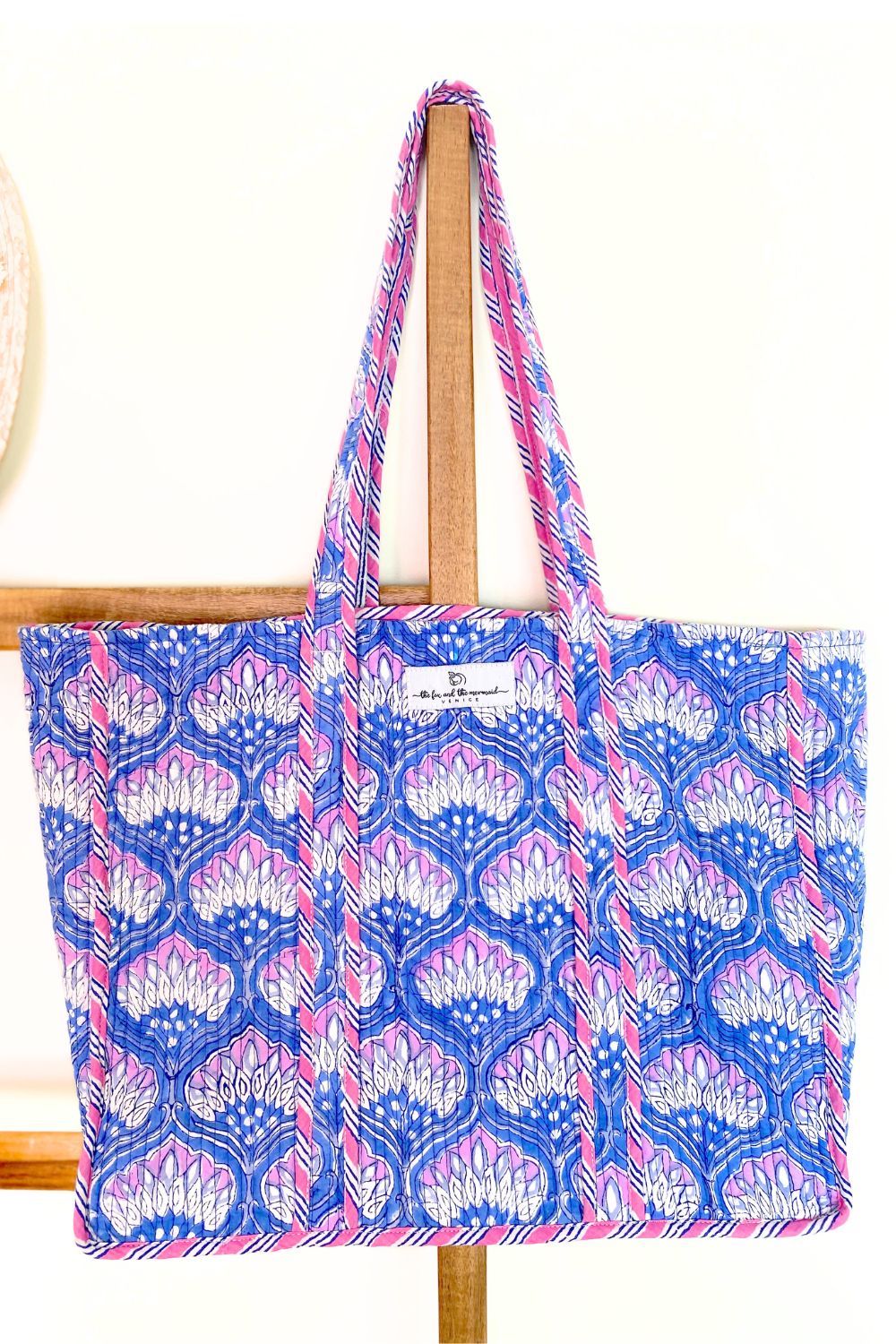 block printed blue pink quilted bag - The Fox and the Mermaid