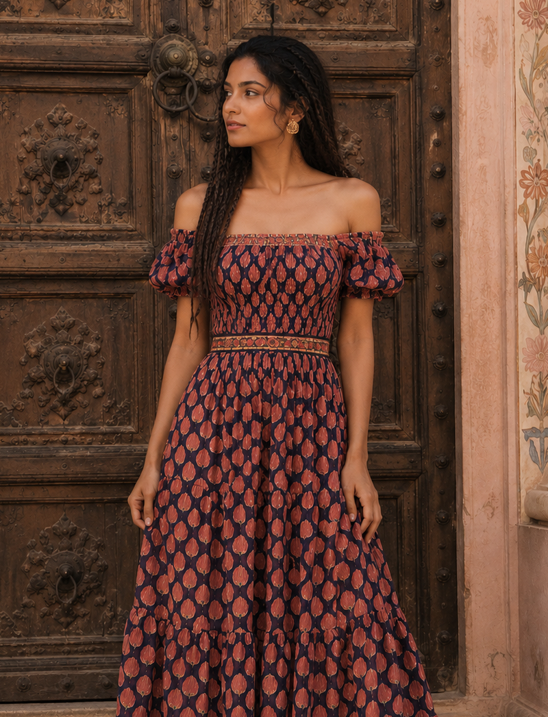 off the shoulder maxi dress with elastic bust
