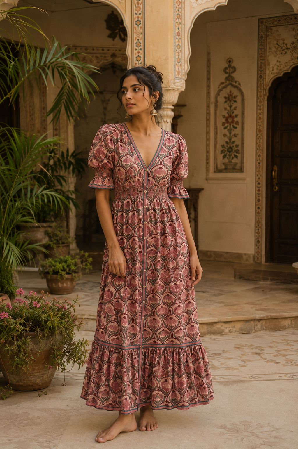 pink floral maxi dress in block printed cotton