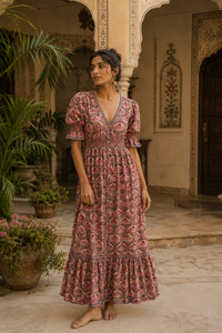 pink floral maxi dress in block printed cotton