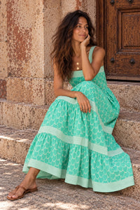 green cotton block printed long dress with pockets and ties