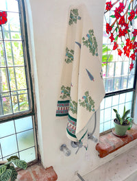 block printed waffle towel with parrots