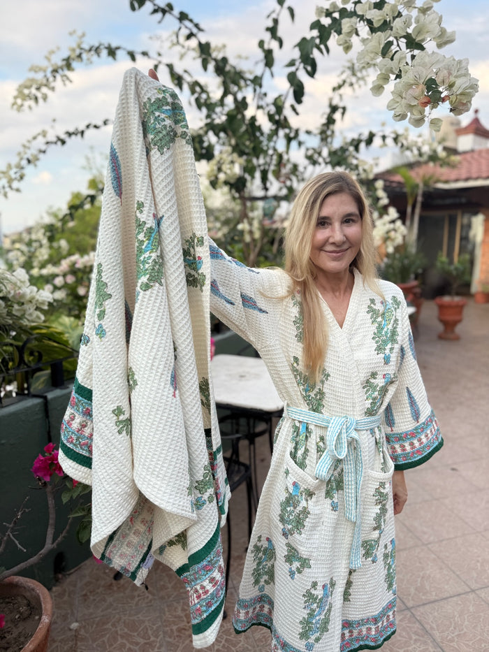 cotton  block printed robe and matching block printed waffle towel set