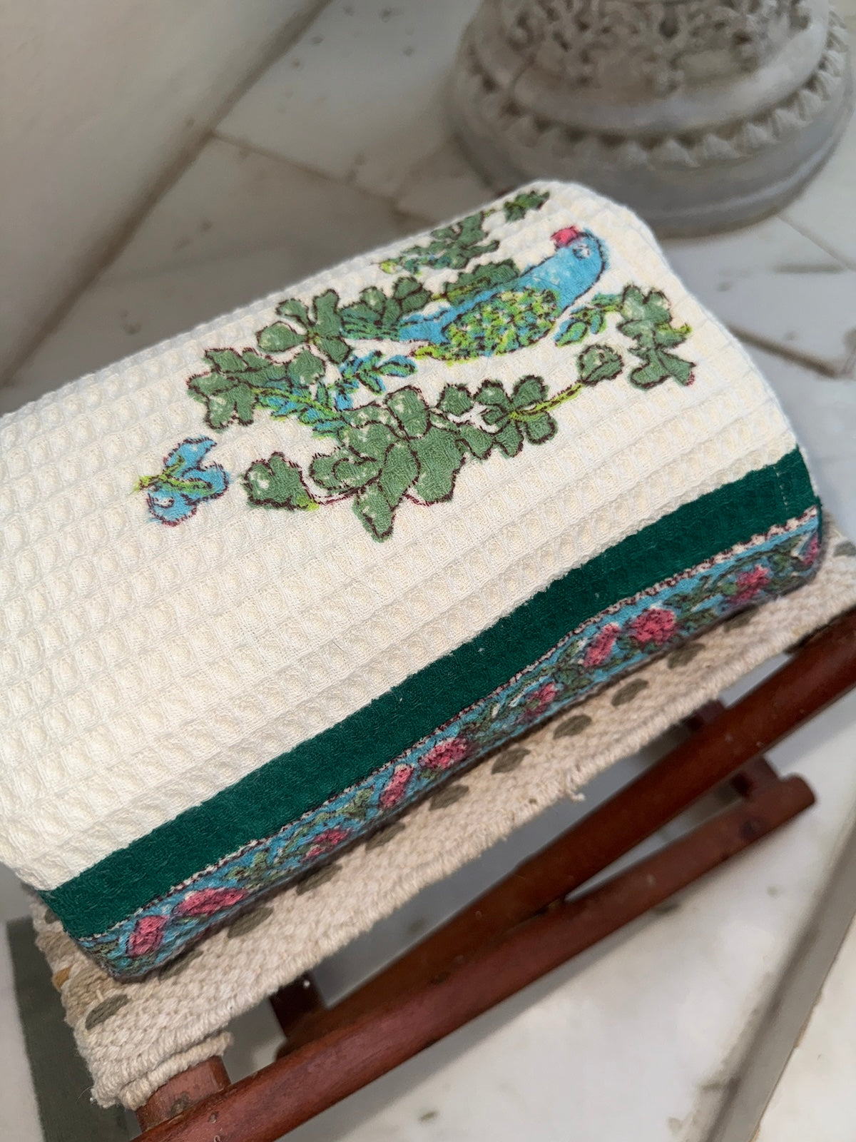 detail block printed parrot on cotton towel