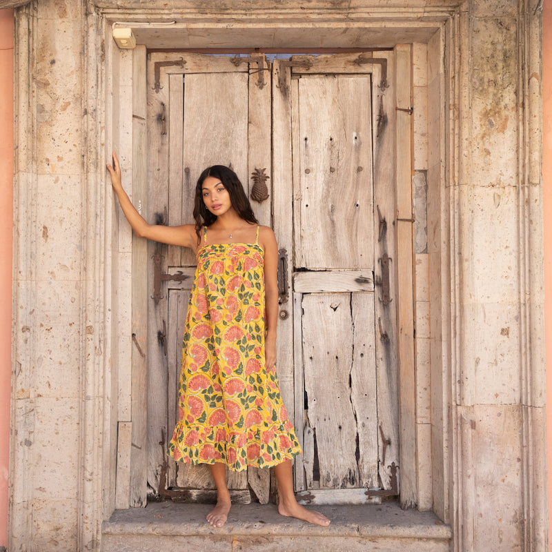 yellow dress with coral flowers - The Fox and the Mermaid