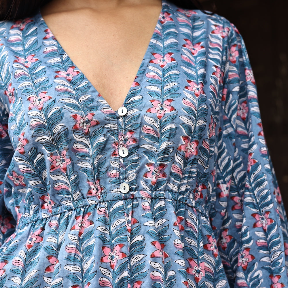detail of block printed cotton dress necklike 