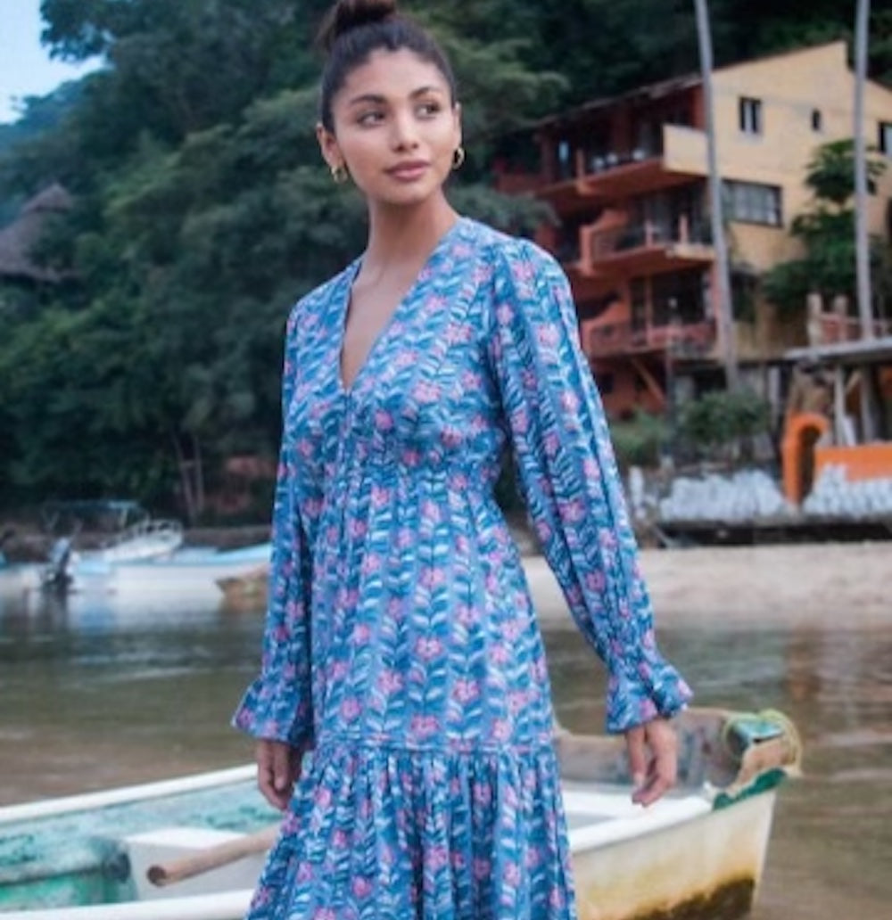 BLOCK PRINTED DRESS WITH RUFFLE SLEEVES