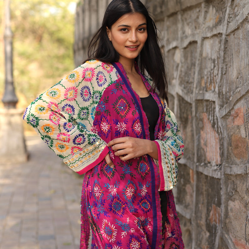 BRIGHT PINK PHULKARI KIMONO - THE FOX AND THE MERMAID