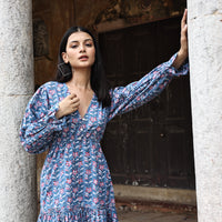 blue dress with pink flowers block printed 