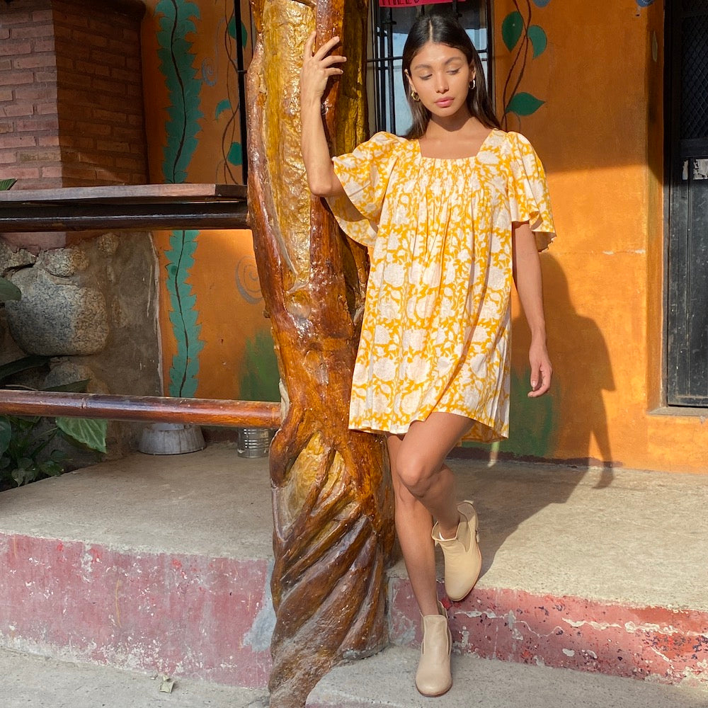yellow floral BLOCK PRINTED MINI DRESS 