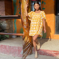 yellow floral BLOCK PRINTED MINI DRESS 