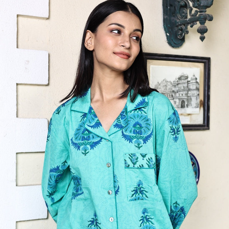 green and blue block printed pajamas - The Fox and the Mermaid