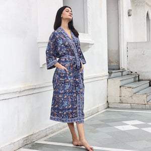lapis blue block printed robe - The Fox and the Mermaid