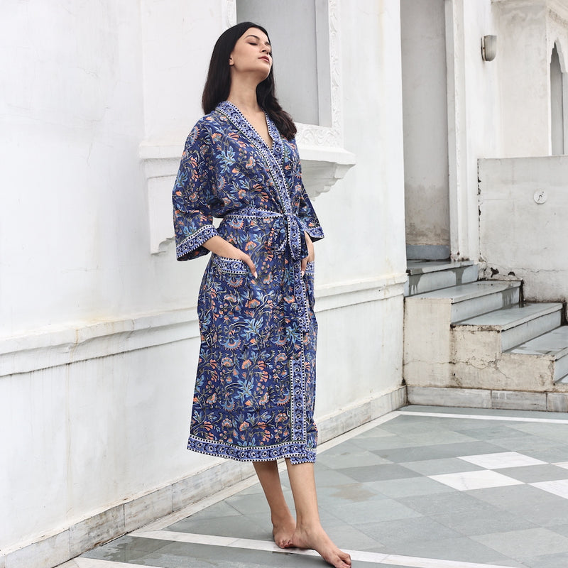 lapis blue block printed robe - The Fox and the Mermaid