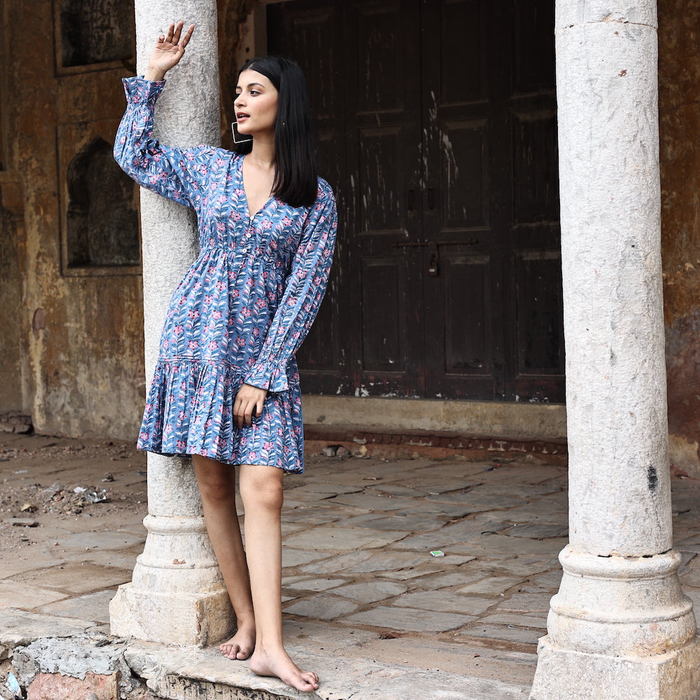 block printed short blue dress - The Fox and the Mermaid