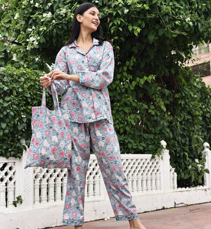 block printed pajama top and matching bottoms and bag  - The Fox and the Mermaid