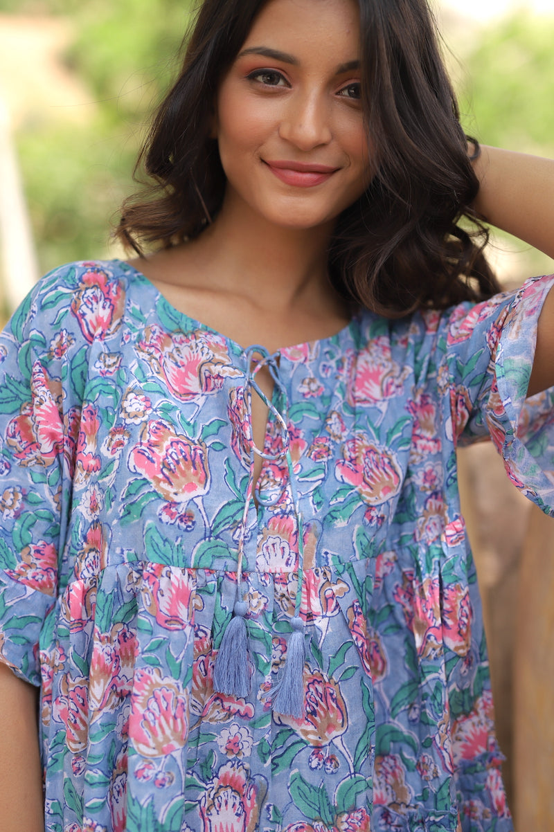 blue and pink block printed midi dress - The Fox and the Mermaid