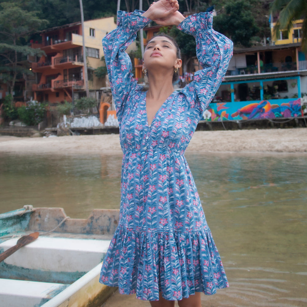 indian block printed dress with buttons and roffles
